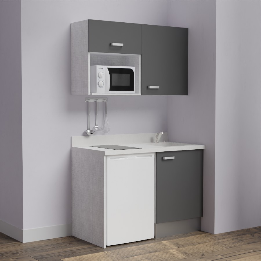 K07L : Kitchenette 120 cm Gris, plan de travail monobloc évier à droite Snova