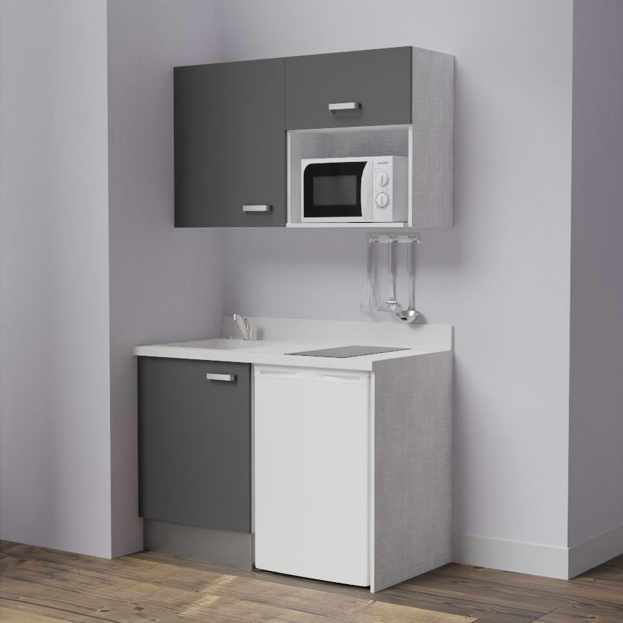 K07L : Kitchenette 120 cm Gris, plan de travail monobloc évier à gauche Snova