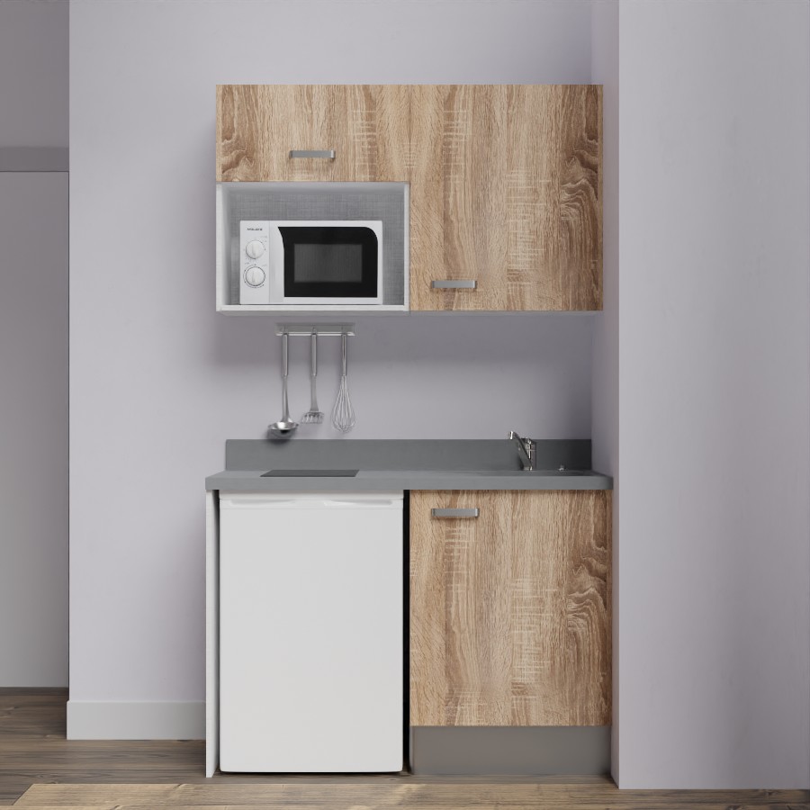 K07L : Kitchenette 120 cm Chêne, plan de travail monobloc évier à droite Cromo