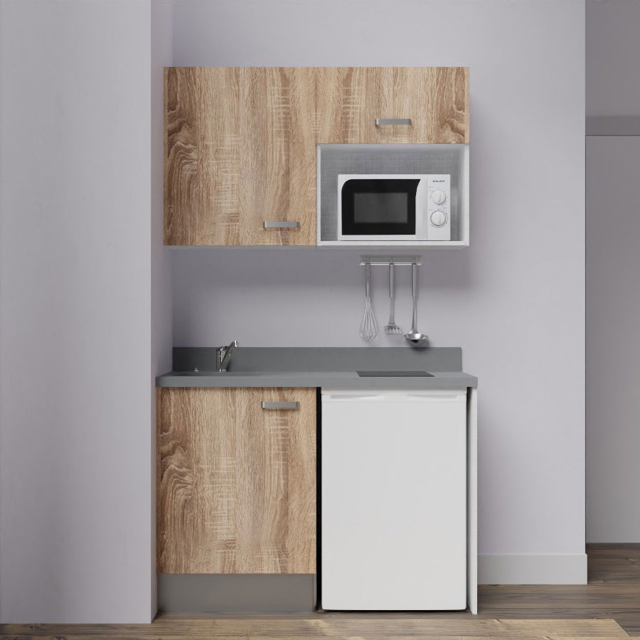 K07L : Kitchenette 120 cm Chêne, plan de travail monobloc évier à gauche Cromo