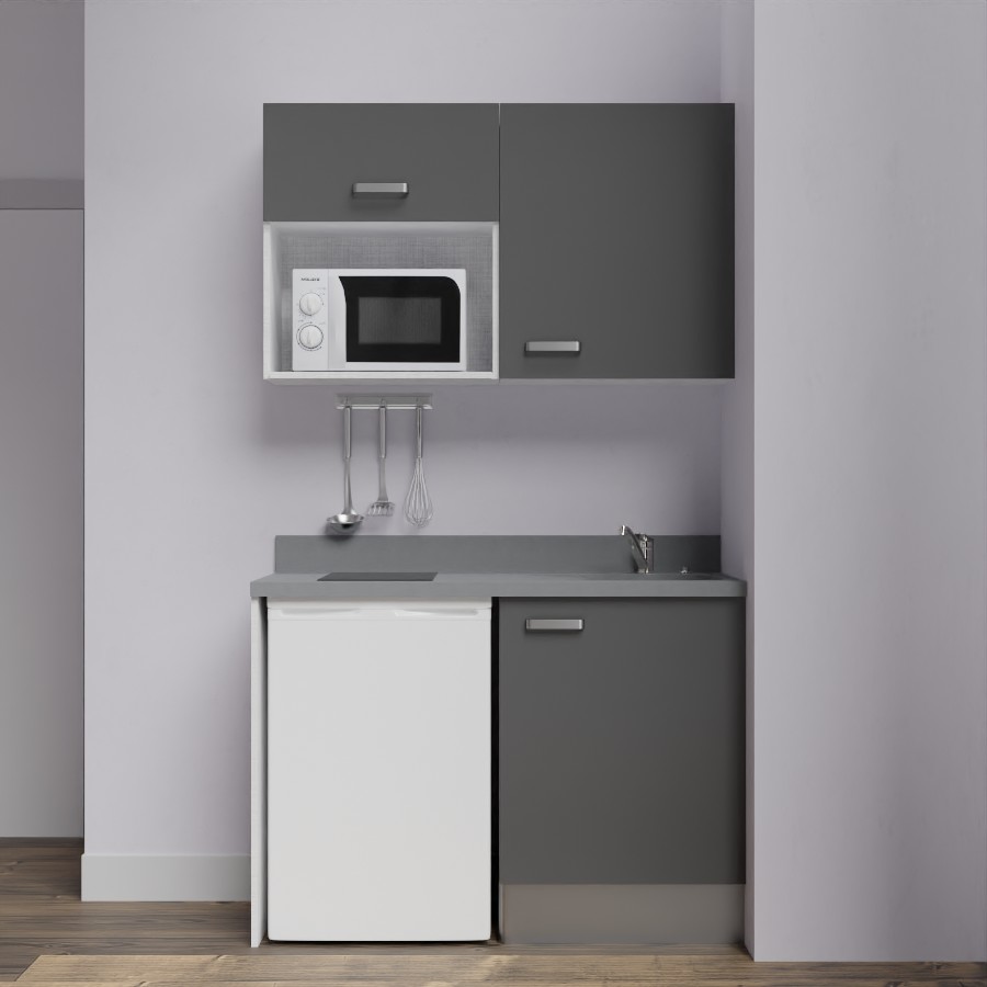 K07L : Kitchenette 120 cm Gris, plan de travail monobloc évier à droite Cromo