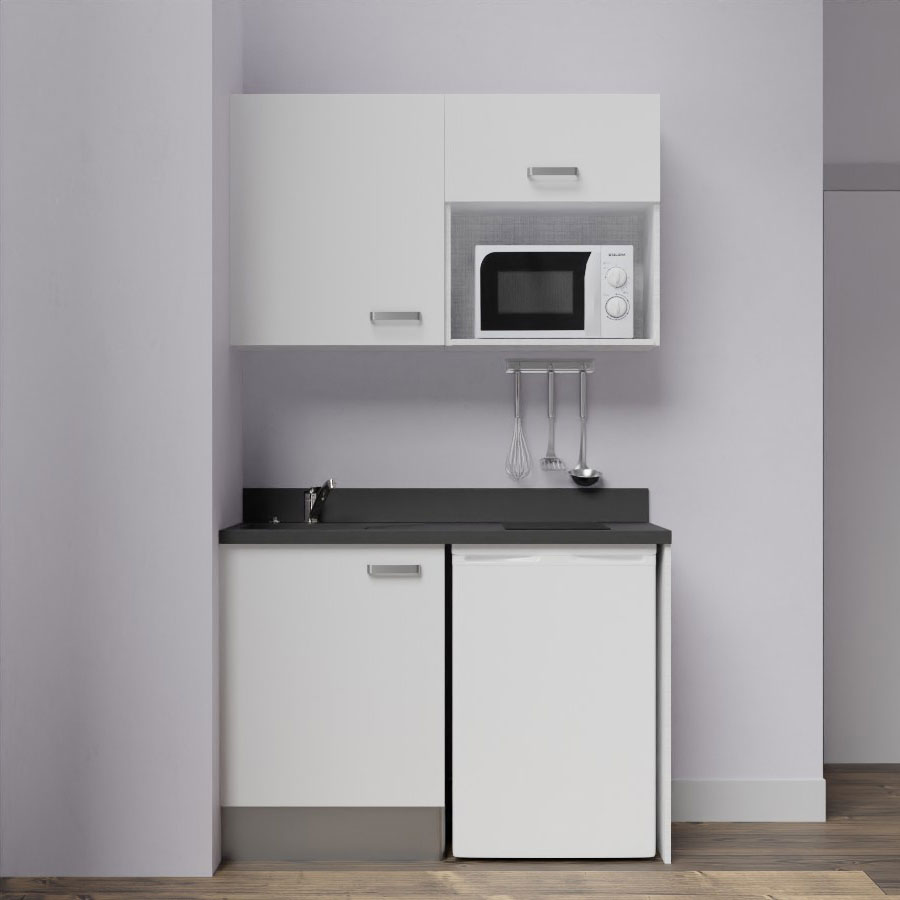 K07L : Kitchenette 120 cm Blanc, plan de travail monobloc évier à gauche Noir