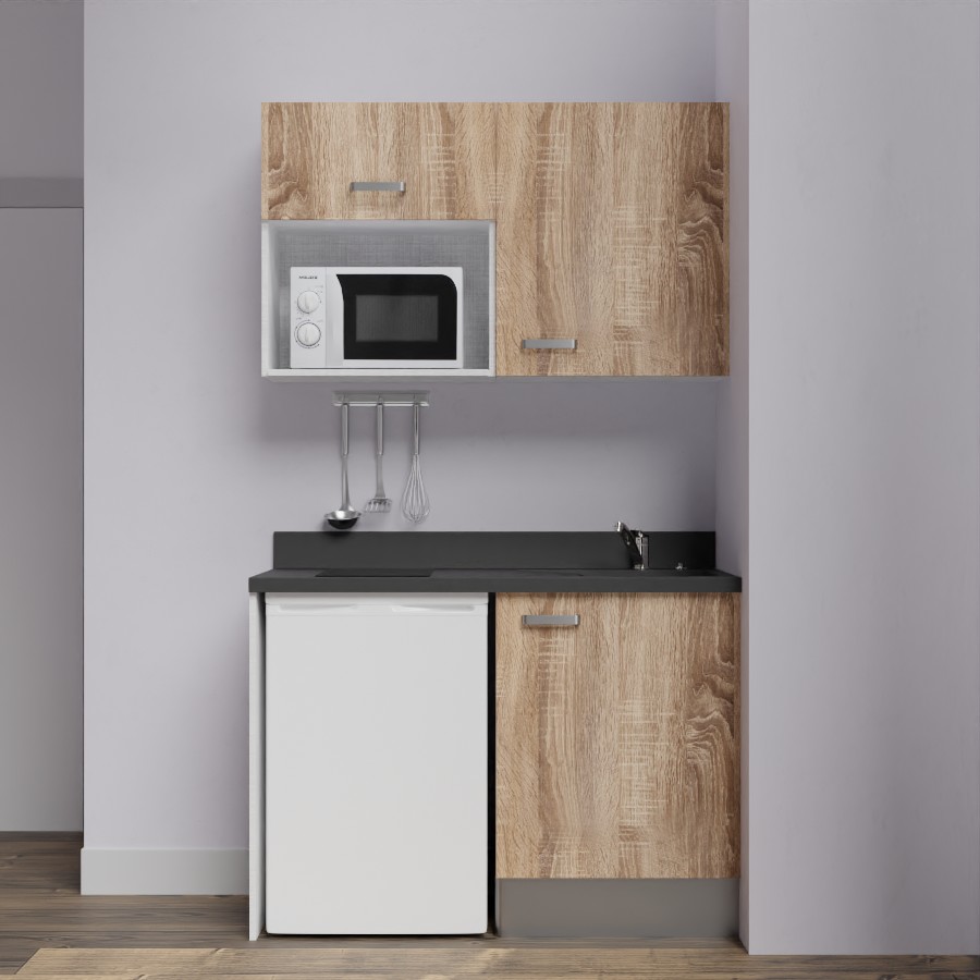 K07L : Kitchenette 120 cm Chêne, plan de travail monobloc évier à droite Nero