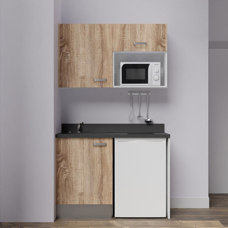 K07L : Kitchenette 120 cm Chêne, plan de travail monobloc évier à gauche Nero