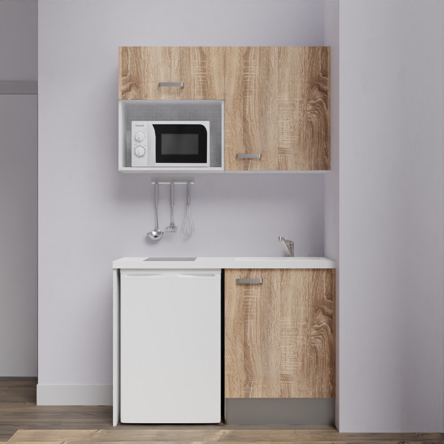 K07L-PT : Kitchenette 120 cm Chêne, plan de travail blanc, cuve blanche