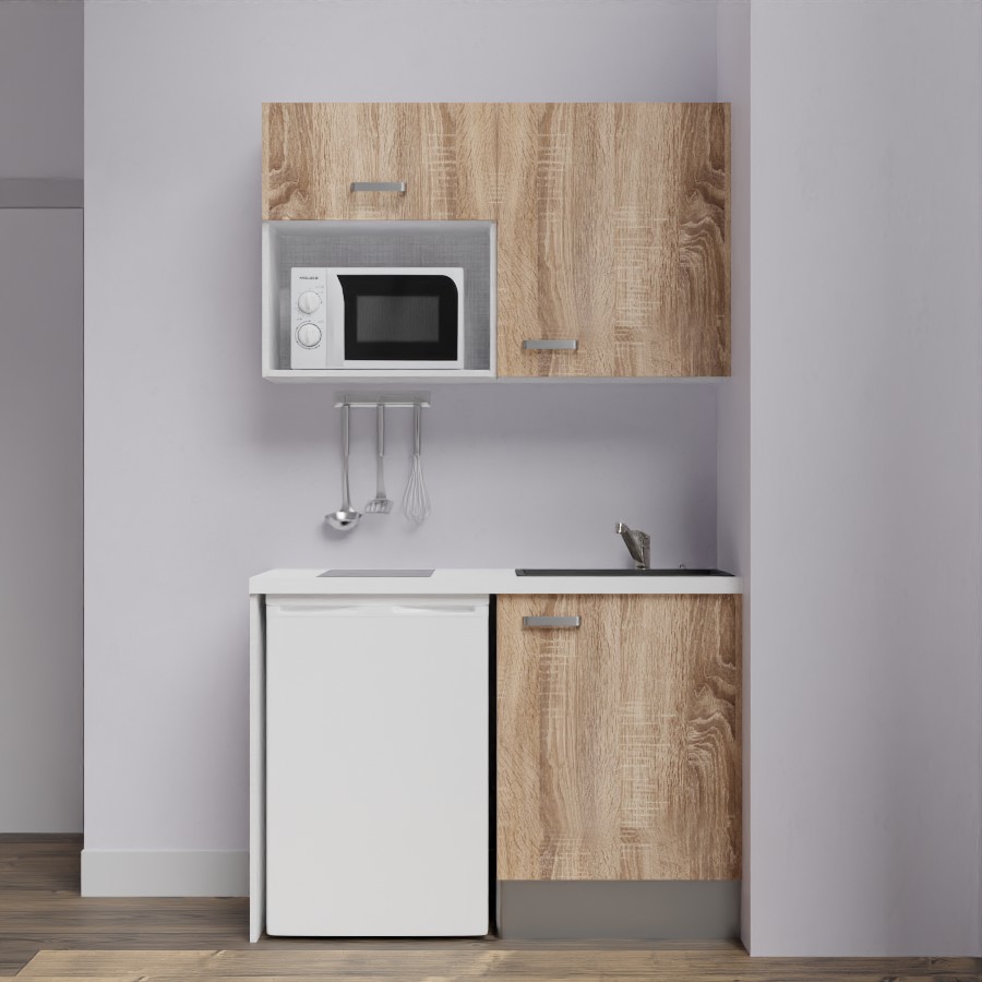 K07L-PT : Kitchenette 120 cm Chêne, plan de travail blanc, cuve noire