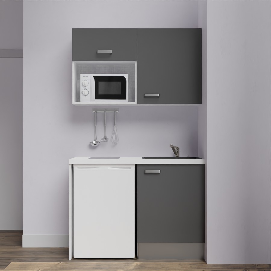 K07L-PT : Kitchenette 120 cm Gris, plan de travail blanc, cuve noire