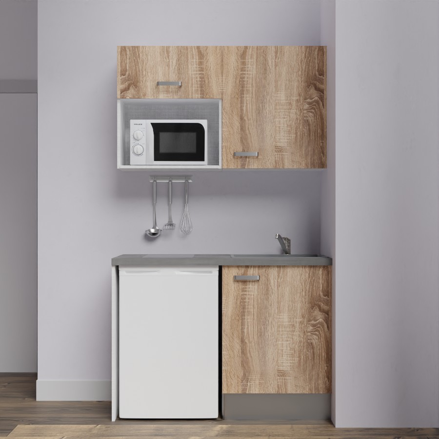 K07L-PT : Kitchenette 120 cm Chêne, plan de travail gris, cuve grise