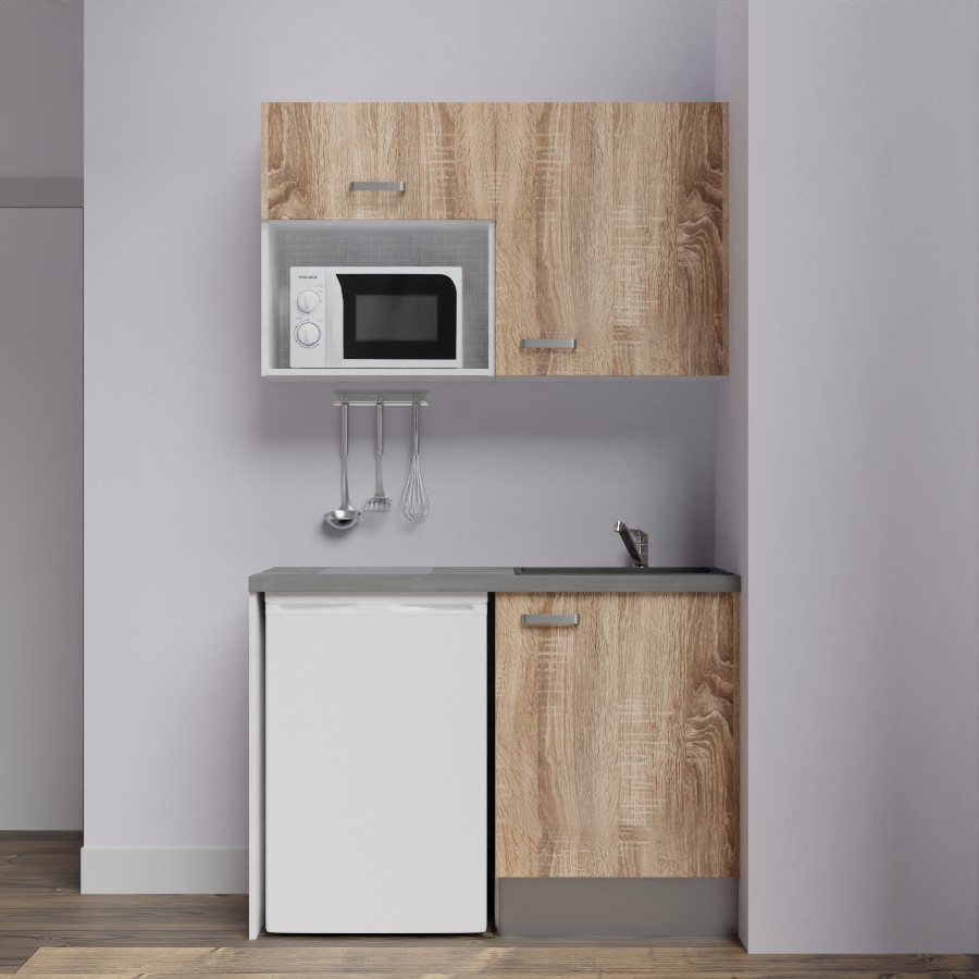 K07L-PT : Kitchenette 120 cm Chêne, plan de travail gris, cuve noire