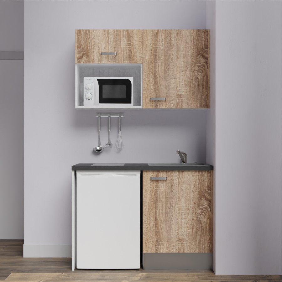 K07L-PT : Kitchenette 120 cm Chêne, plan de travail noir, cuve grise