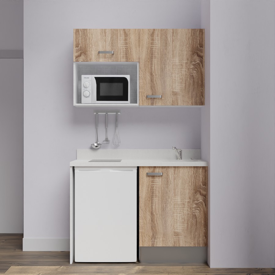 K07L : Kitchenette 120 cm Chêne, plan de travail monobloc évier à droite Snova