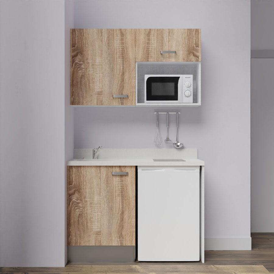 K07L : Kitchenette 120 cm Chêne, plan de travail monobloc évier à gauche Snova