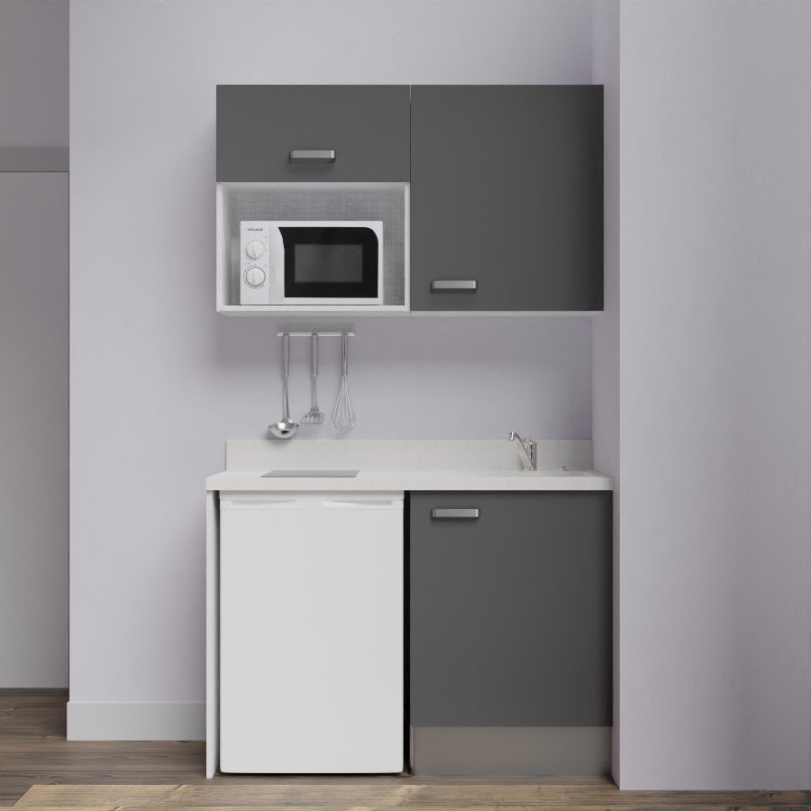 K07L : Kitchenette 120 cm Gris, plan de travail monobloc évier à droite Snova