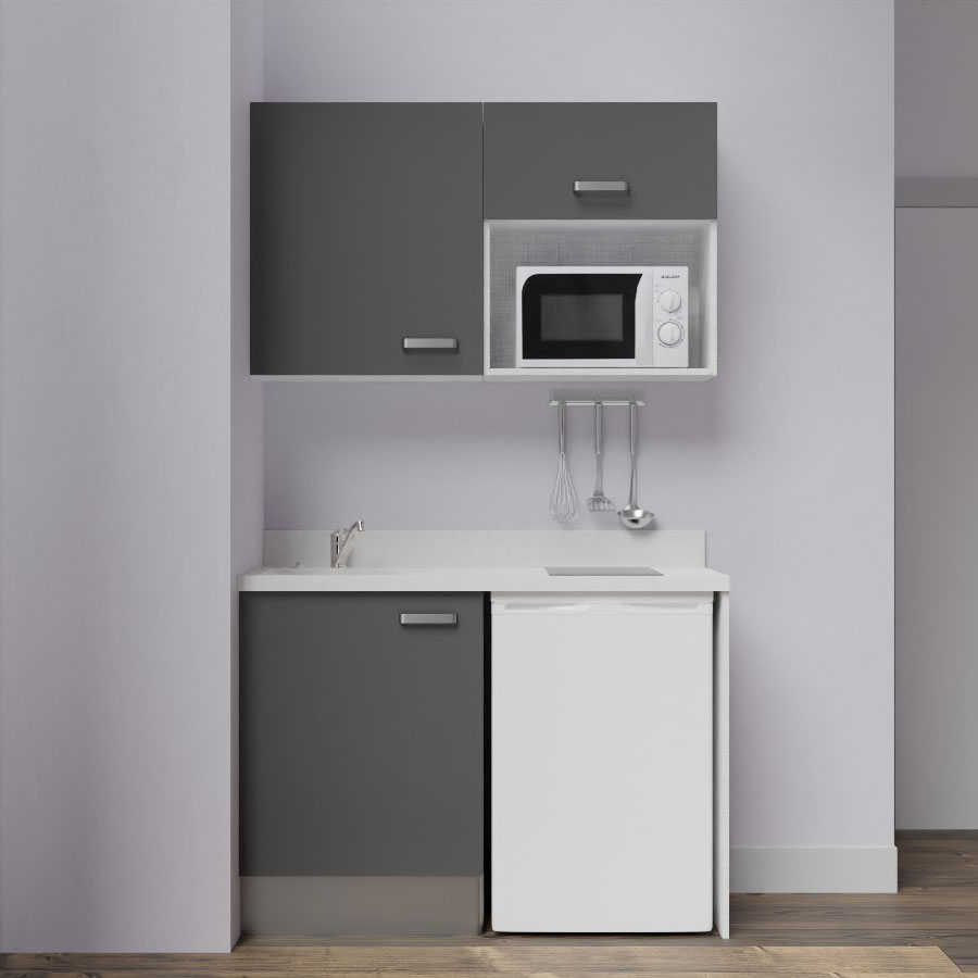 K07L : Kitchenette 120 cm Gris, plan de travail monobloc évier à gauche Snova