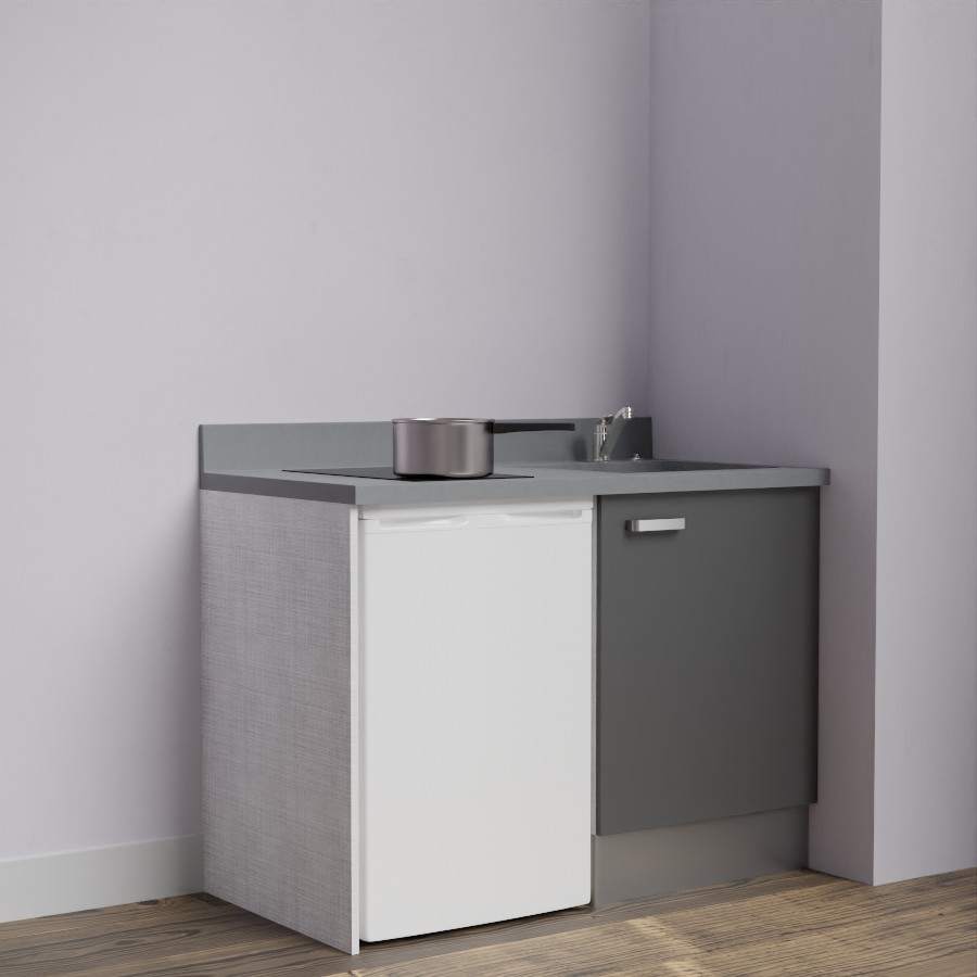 K08L : Kitchenette 120 cm Gris, plan de travail monobloc évier à droite Cromo