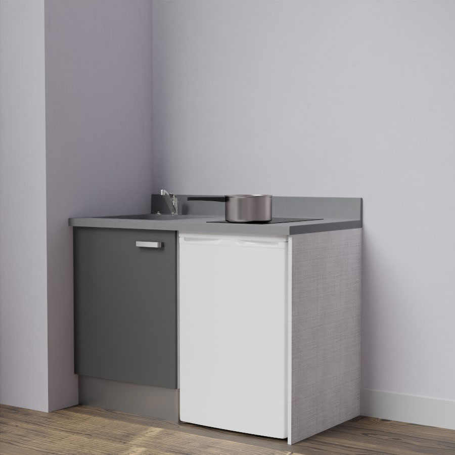 K08L : Kitchenette 120 cm Gris, plan de travail monobloc évier à gauche Cromo