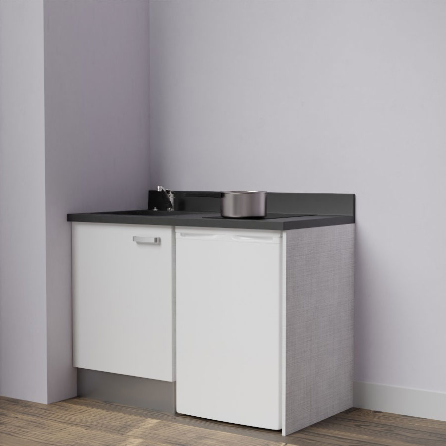 K08L : Kitchenette 120 cm Blanc, plan de travail monobloc évier à gauche Nero