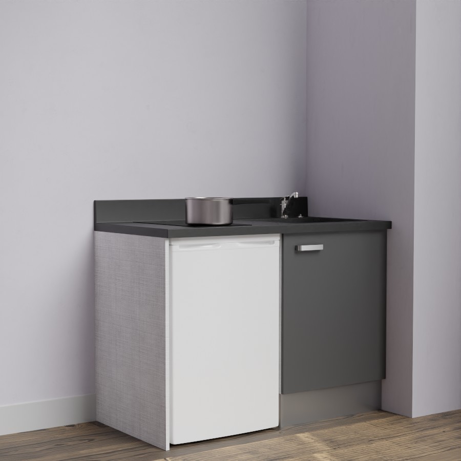 K08L : Kitchenette 120 cm Gris, plan de travail monobloc évier à droite Nero