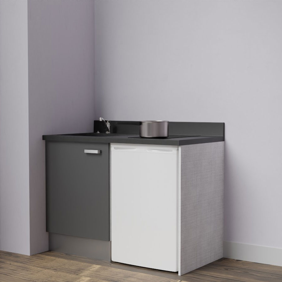 K08L : Kitchenette 120 cm Gris, plan de travail monobloc évier à gauche Nero