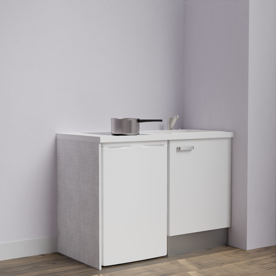 Kitchenette 120 cm K08L meuble sous évier blanc avec plan de travail blanc et évier blanc