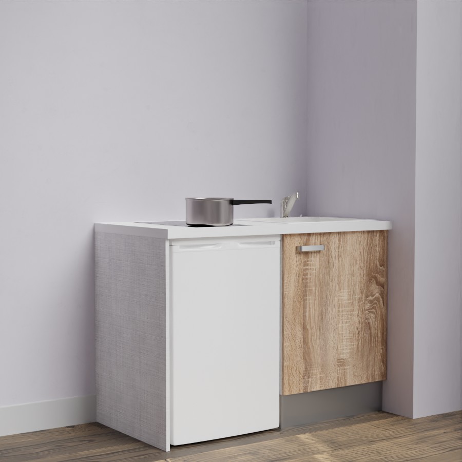 Kitchenette 120 cm K08L meuble sous évier couleur bois avec plan de travail blanc et évier blanc