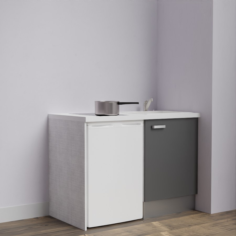 Kitchenette 120 cm K08L meuble sous évier gris avec plan de travail blanc et évier blanc