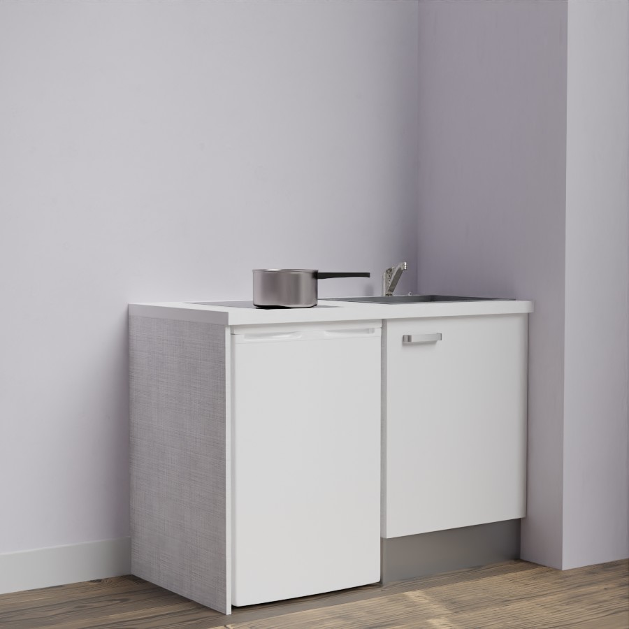 Kitchenette 120 cm K08L meuble sous évier blanc avec plan de travail blanc et évier gris