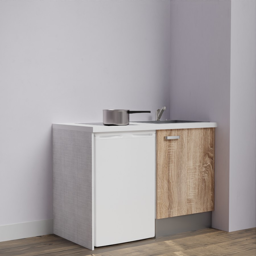 Kitchenette 120 cm K08L meuble sous évier couleur bois avec plan de travail blanc et évier gris