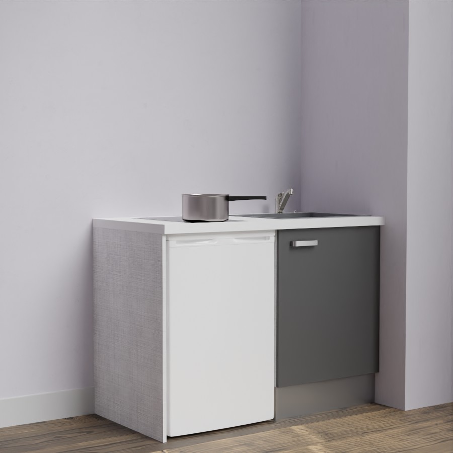 Kitchenette 120 cm K08L meuble sous évier gris avec plan de travail blanc et évier gris