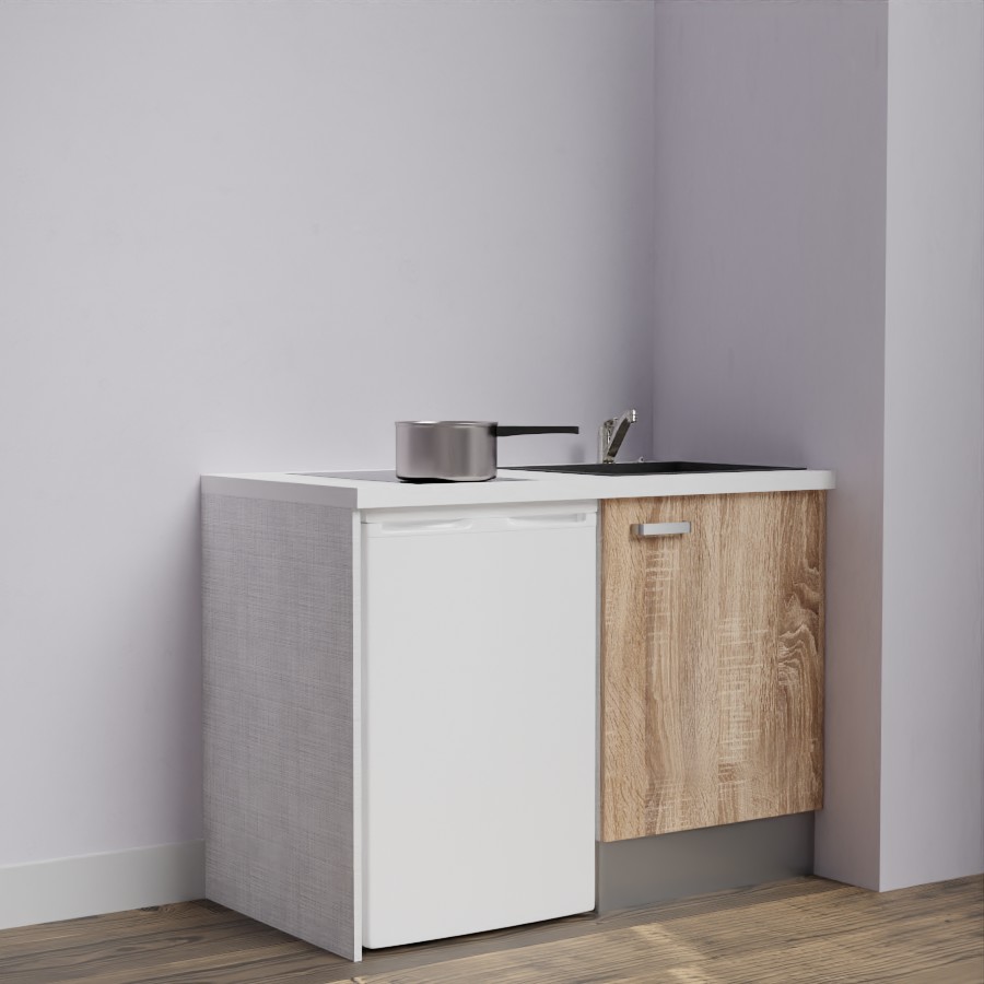 Kitchenette 120 cm K08L meuble sous évier couleur bois avec plan de travail blanc et évier noir