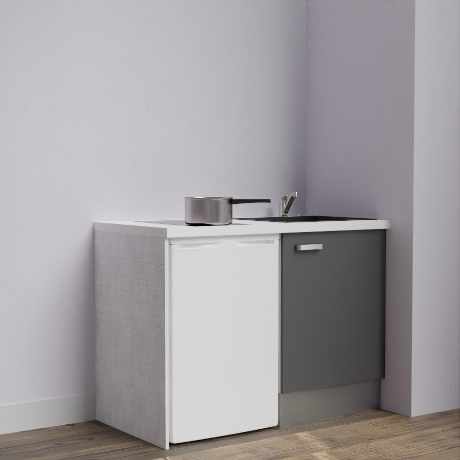 Kitchenette 120 cm K08L meuble sous évier gris avec plan de travail blanc et évier noir