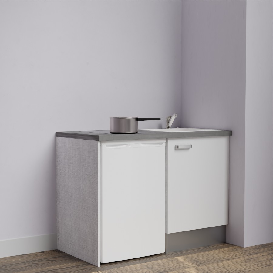 Kitchenette 120 cm K08L meuble sous évier blanc avec plan de travail gris et évier blanc