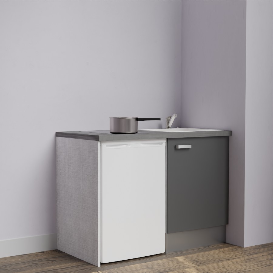 Kitchenette 120 cm K08L meuble sous évier gris avec plan de travail gris et évier blanc