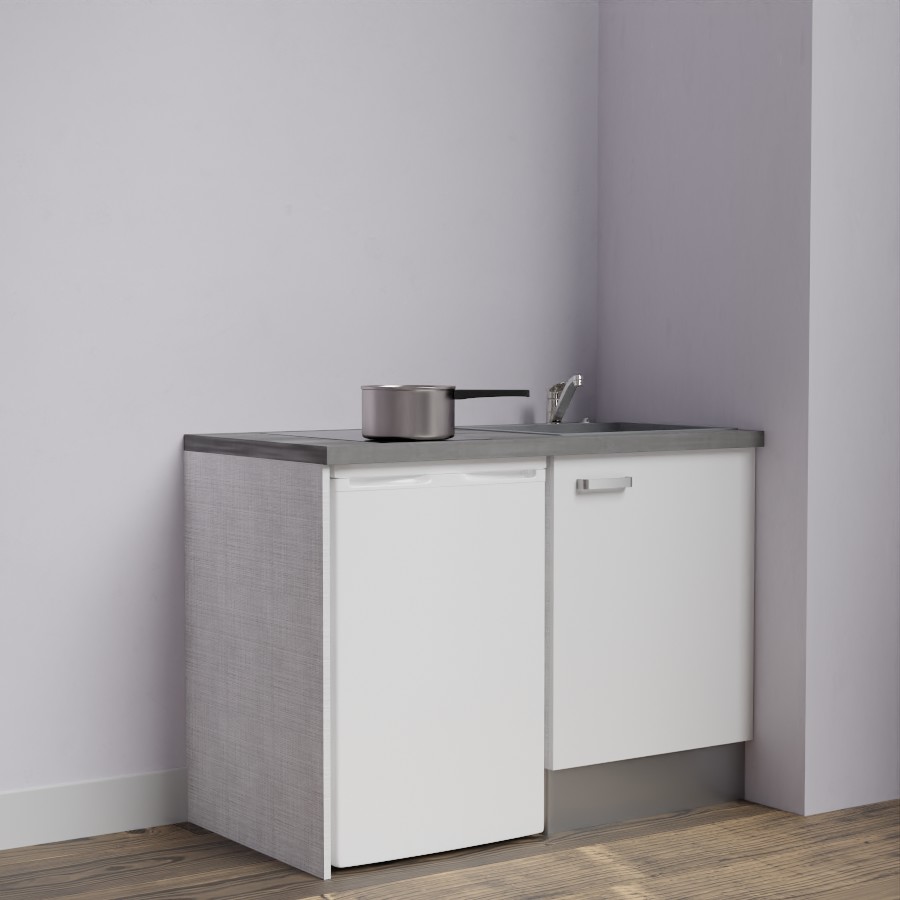 Kitchenette 120 cm K08L meuble sous évier blanc avec plan de travail gris et évier gris