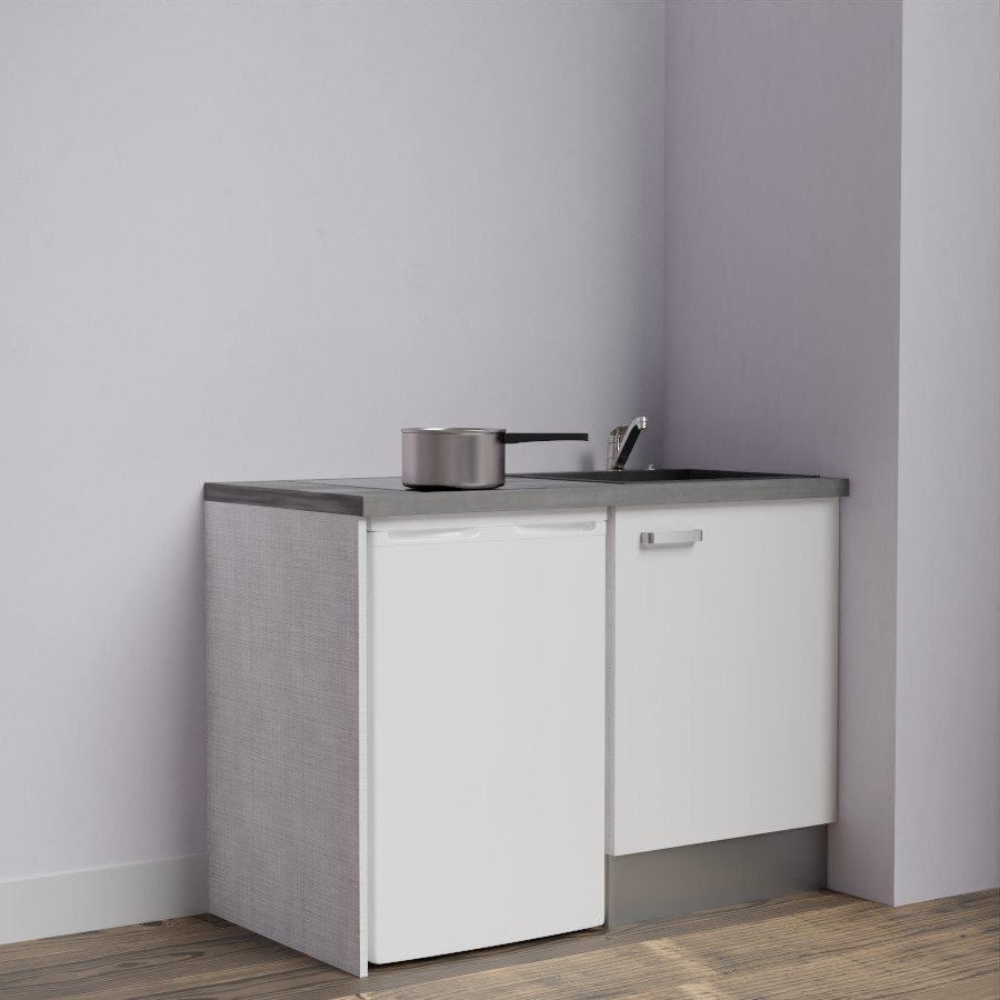 Kitchenette 120 cm K08L meuble sous évier blanc avec plan de travail gris et évier noir