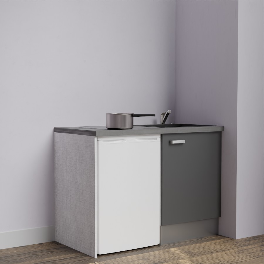 Kitchenette 120 cm K08L meuble sous évier gris avec plan de travail gris et évier noir