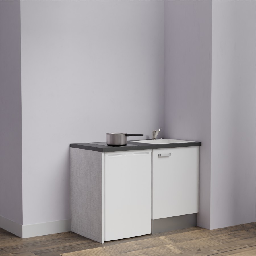 Kitchenette 120 cm K08L meuble sous évier blanc avec plan de travail noir et évier blanc