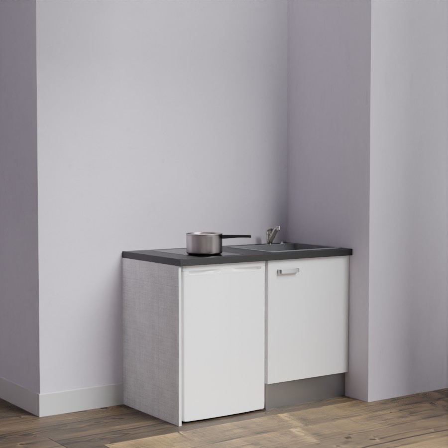 Kitchenette 120 cm K08L meuble sous évier blanc avec plan de travail noir et évier gris