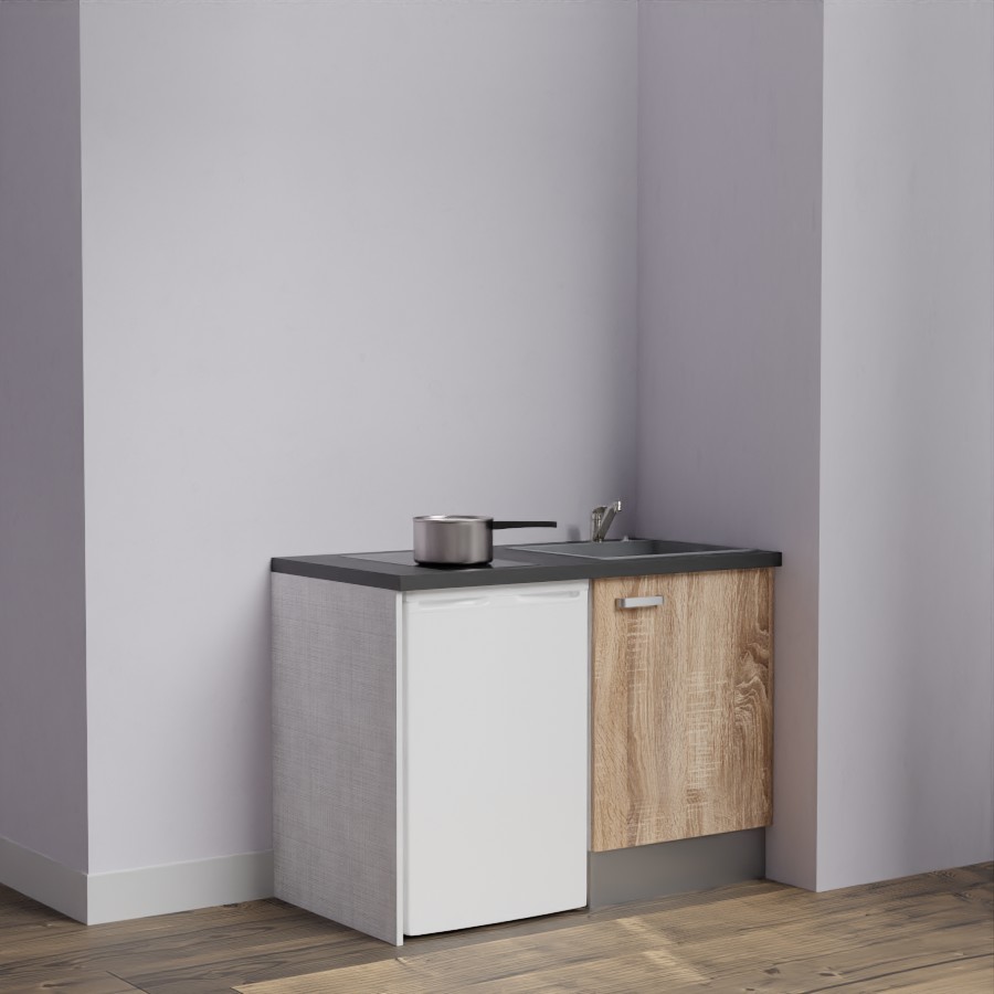 Kitchenette 120 cm K08L meuble sous évier couleur bois avec plan de travail noir et évier gris