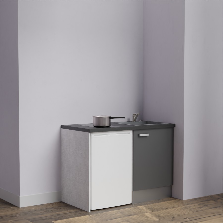 Kitchenette 120 cm K08L meuble sous évier gris avec plan de travail noir et évier gris