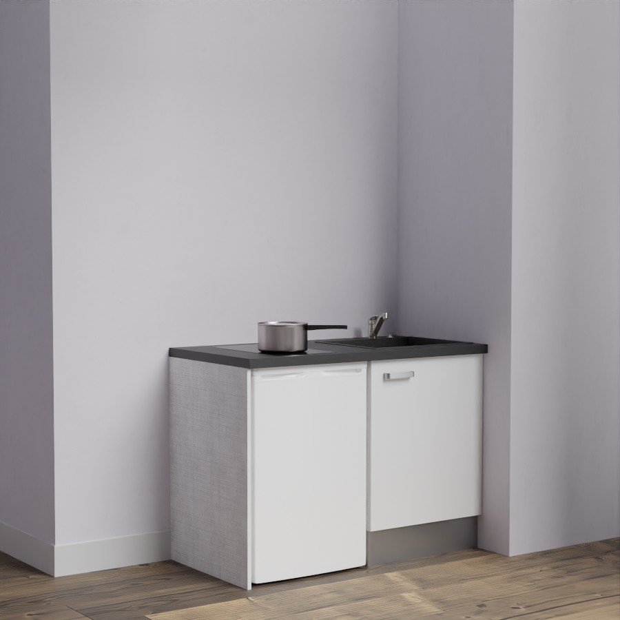 Kitchenette 120 cm K08L meuble sous évier blanc avec plan de travail noir et évier noir