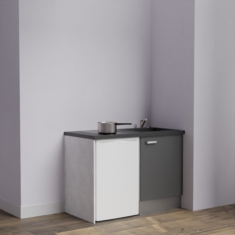 Kitchenette 120 cm K08L meuble sous évier gris avec plan de travail noir et évier noir