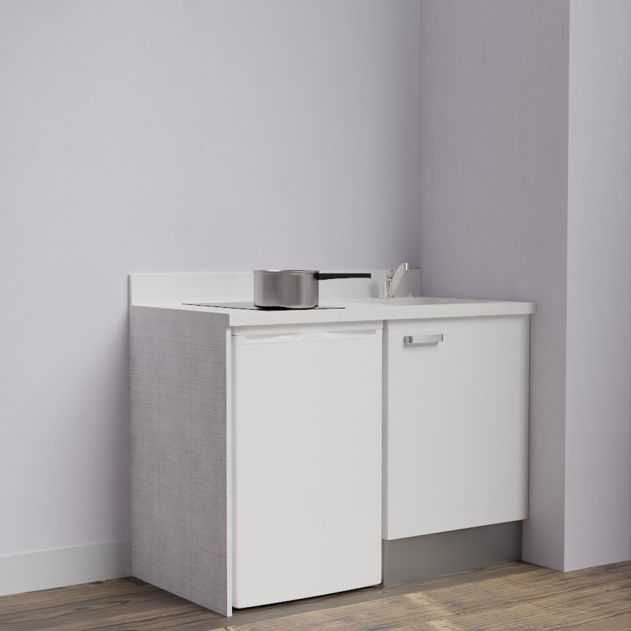 K08L : Kitchenette 120 cm Blanc, plan de travail monobloc évier à droite Snova