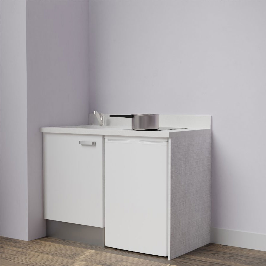 K08L : Kitchenette 120 cm Blanc, plan de travail monobloc évier à gauche Snova