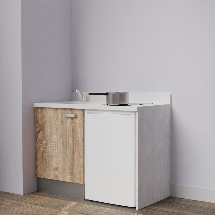 K08L : Kitchenette 120 cm Chêne, plan de travail monobloc évier à gauche Snova