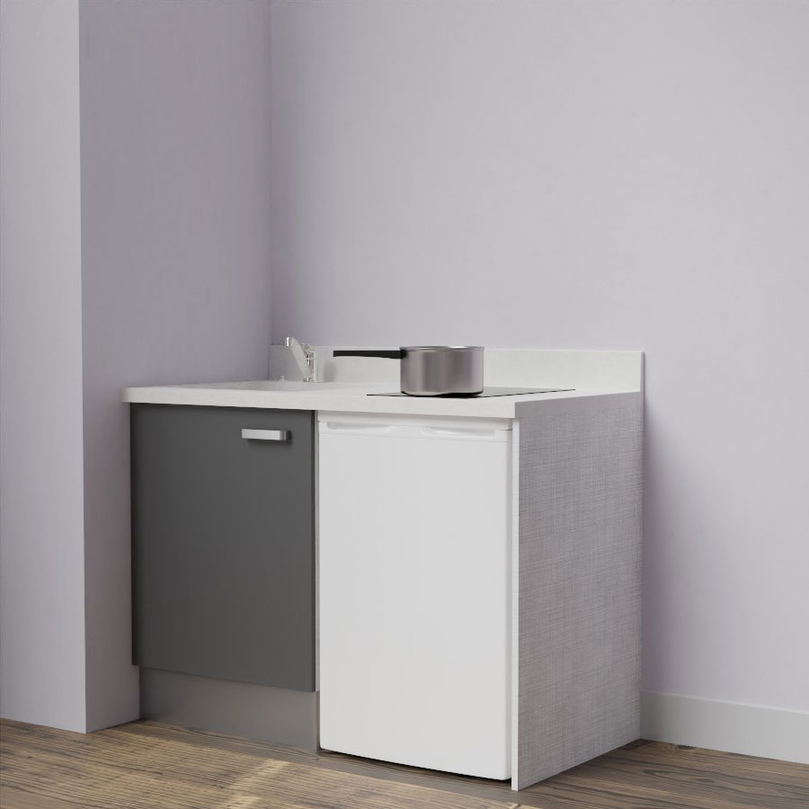 K08L : Kitchenette 120 cm Gris, plan de travail monobloc évier à gauche Snova