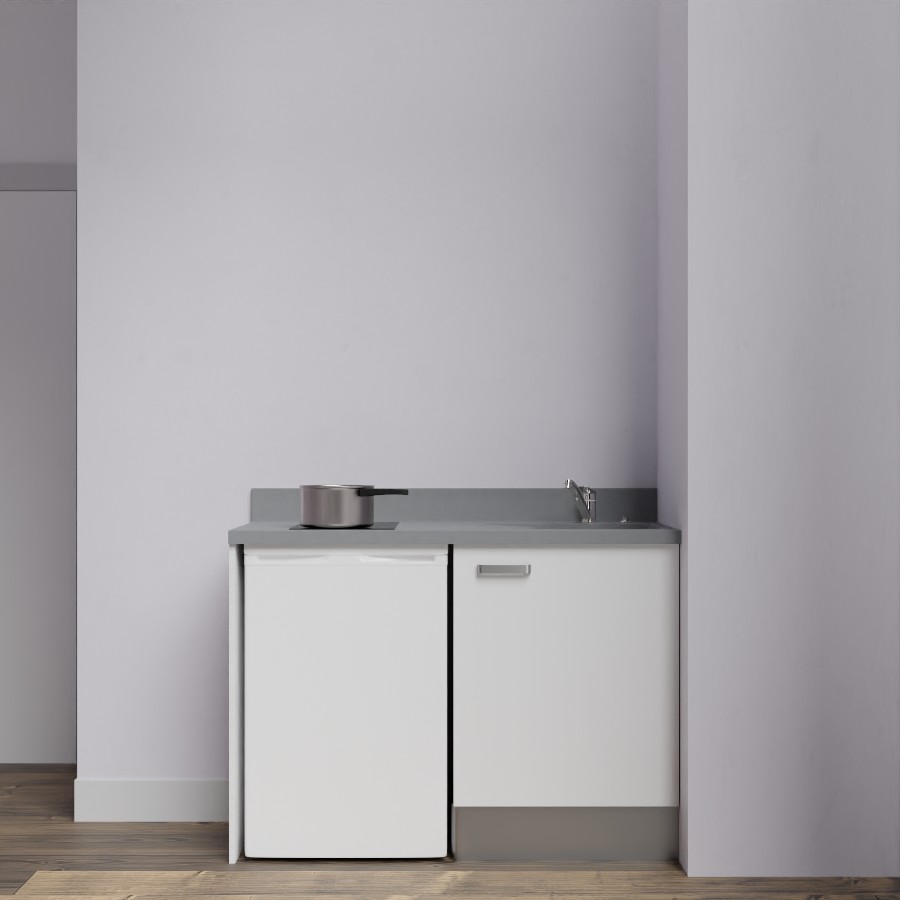 K08L : Kitchenette 120 cm Blanc, plan de travail monobloc évier à droite Cromo