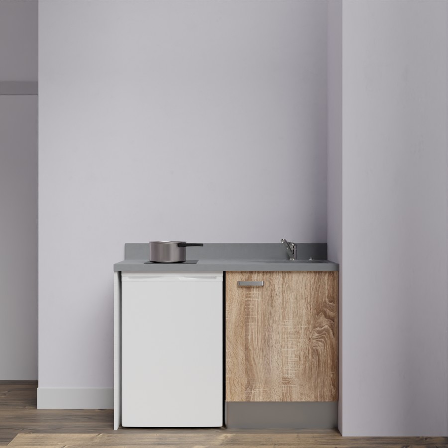 K08L : Kitchenette 120 cm Chêne, plan de travail monobloc évier à droite Cromo