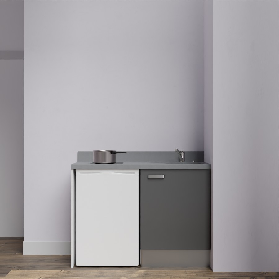 K08L : Kitchenette 120 cm Gris, plan de travail monobloc évier à droite Cromo