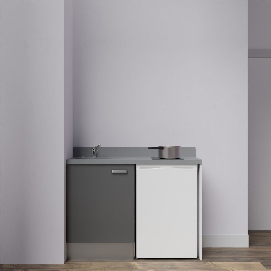 K08L : Kitchenette 120 cm Gris, plan de travail monobloc évier à gauche Cromo